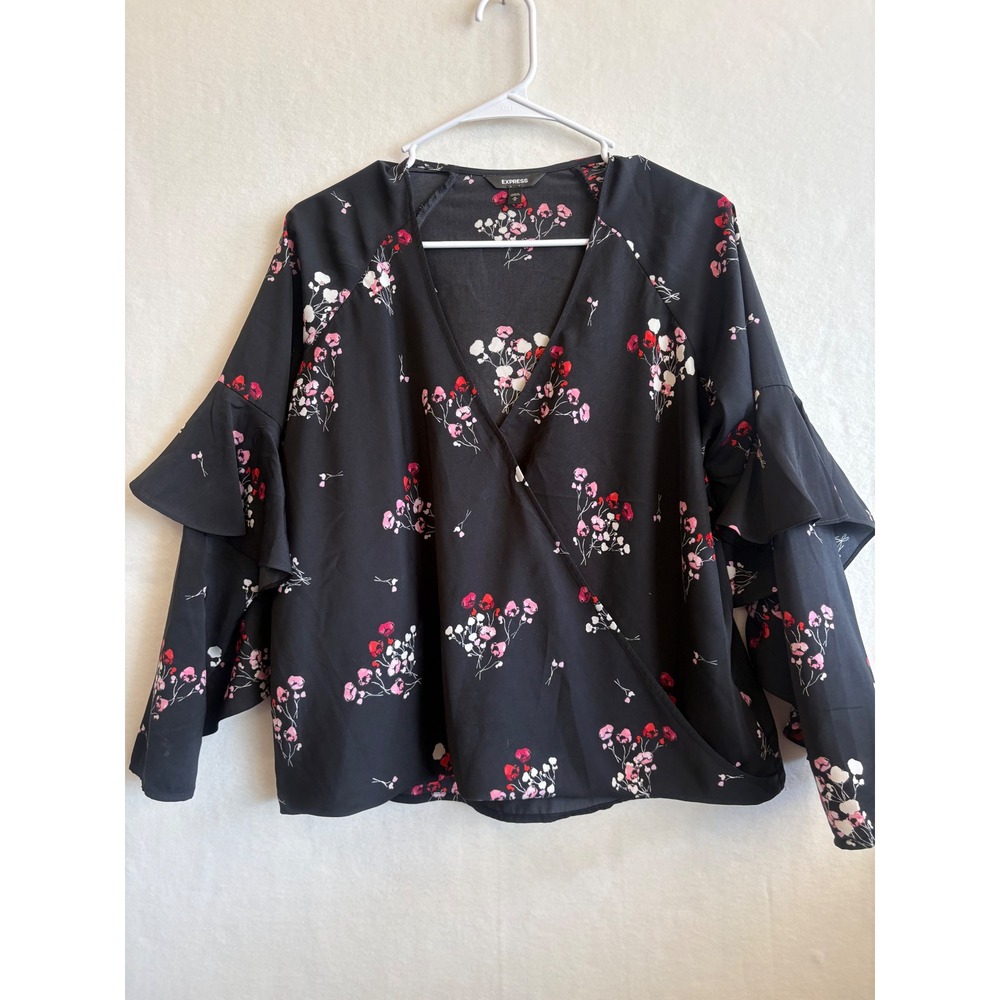 Express‎ Womens Black Floral Ruffle Bell Sleeve V-Neck Wrap Blouse Medium